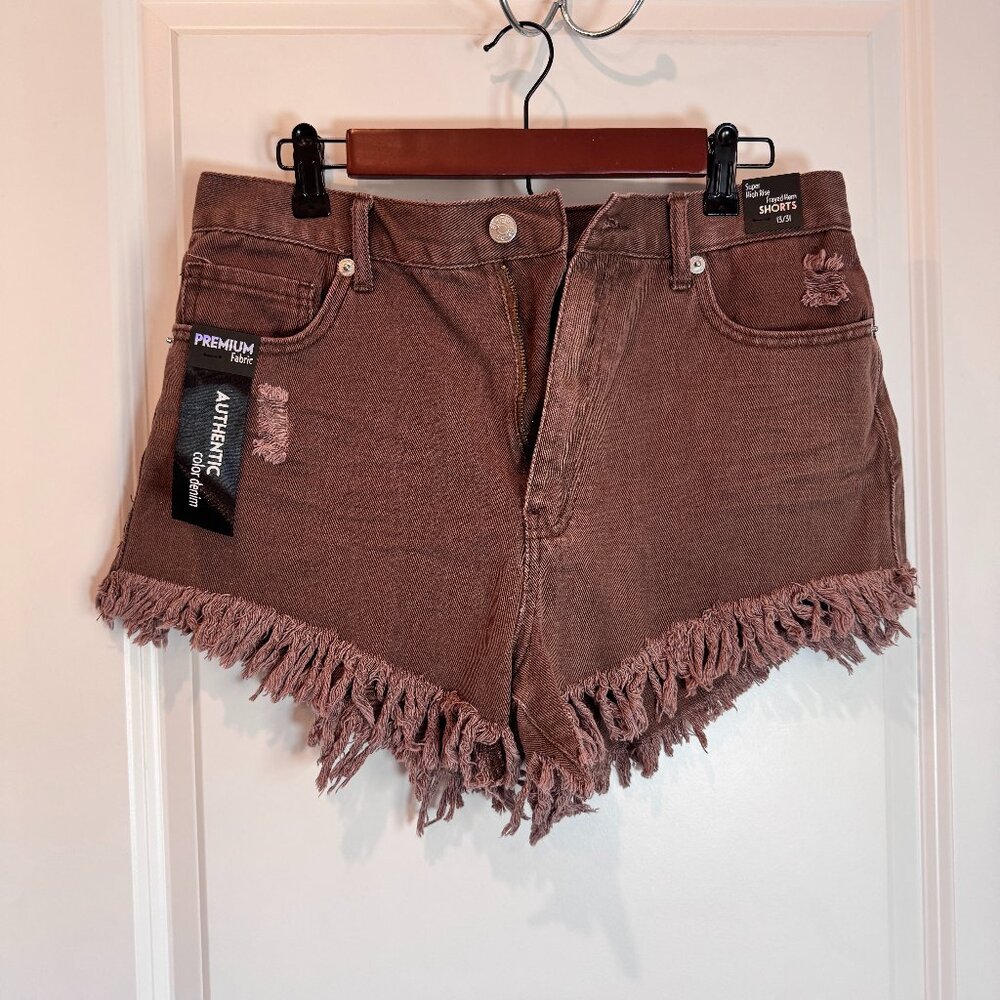 NWT Simple Society Shorts Women 13/31 Brown Super High Rise Frayed Hem